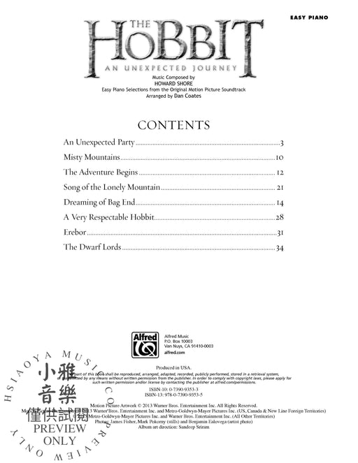 The Hobbit: An Unexpected Journey Sheet Music Selections from the Motion Picture | 小雅音樂 Hsiaoya Music