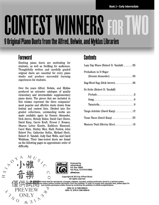 Contest Winners for Two, Book 3 9 Original Piano Duets from the Alfred, Belwin, and Myklas Libraries 鋼琴 二重奏 | 小雅音樂 Hsiaoya Music