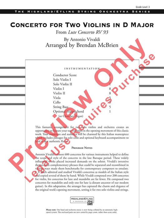 Concerto for Two Violins in D Major From Lute Concerto RV 93 韋瓦第 協奏曲 小提琴 魯特琴協奏曲 總譜 | 小雅音樂 Hsiaoya Music