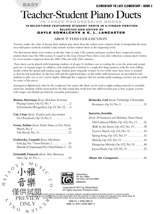 Easy Teacher-Student Piano Duets in Three Progressive Books, Book 2 16 Selections Featuring Student Parts in 5-Finger Position 鋼琴 二重奏 | 小雅音樂 Hsiaoya Music
