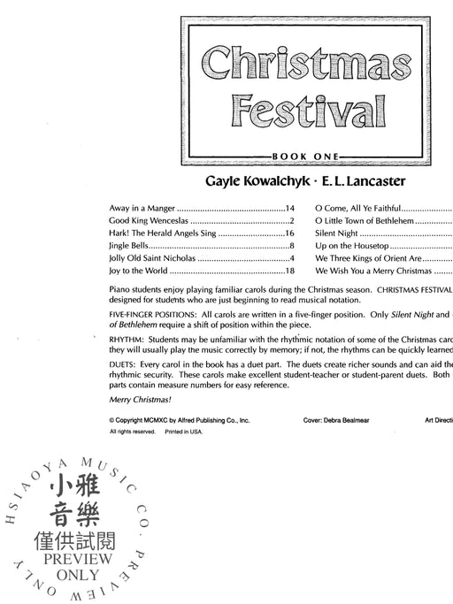 Christmas Festival, Book 1 12 Early Elementary Christmas Favorites for the Beginning Pianist (with Optional Teacher / Parent Accompaniments) 伴奏 | 小雅音樂 Hsiaoya Music