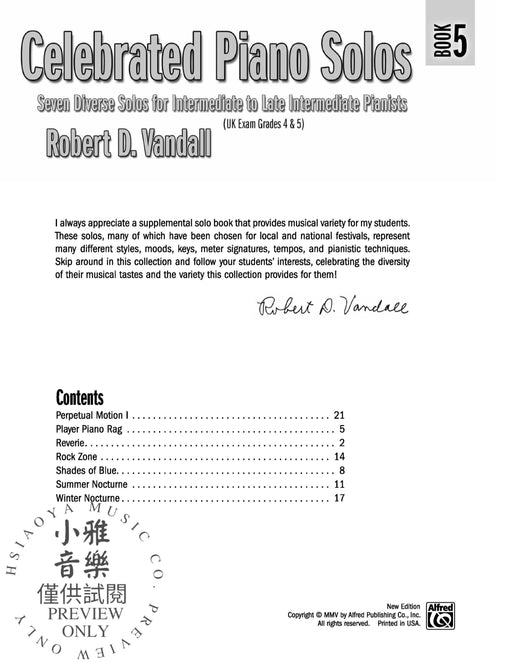 Celebrated Piano Solos, Book 5 Seven Diverse Solos for Intermediate to Late Intermediate Pianists 鋼琴 獨奏 獨奏 | 小雅音樂 Hsiaoya Music