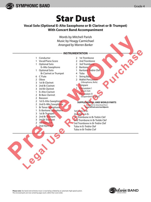 Star Dust Vocal Solo (Optional E-Flat Alto Saxophone or B-Flat Clarinet or B-Flat Trumpet) with Concert Band Acc. 獨奏 中音薩氏管 豎笛 小號 室內管樂團 總譜 | 小雅音樂 Hsiaoya Music