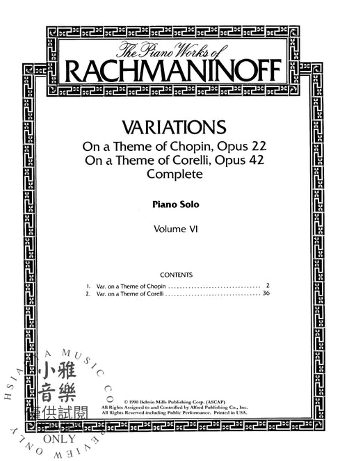 The Piano Works of Rachmaninoff, Volume VI: Variations on a Theme of Chopin, Opus 22, and Variations on a Theme of Corelli, Opus 42 拉赫瑪尼諾夫 鋼琴 詠唱調 主題 作品 柯雷里主題變奏曲作品 | 小雅音樂 Hsiaoya Music