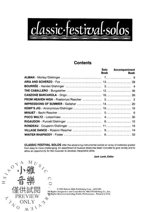 Classic Festival Solos (E-flat Alto Saxophone), Volume 1 Solo Book 獨奏 中音薩氏管 獨奏 | 小雅音樂 Hsiaoya Music
