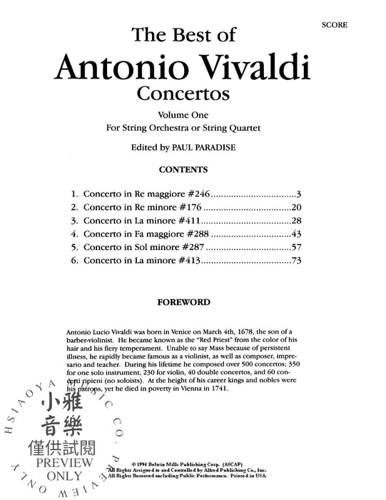 The Best of Antonio Vivaldi Concertos, Volume One For String Orchestra or String Quartet 韋瓦第 協奏曲 弦樂團弦樂四重奏 | 小雅音樂 Hsiaoya Music