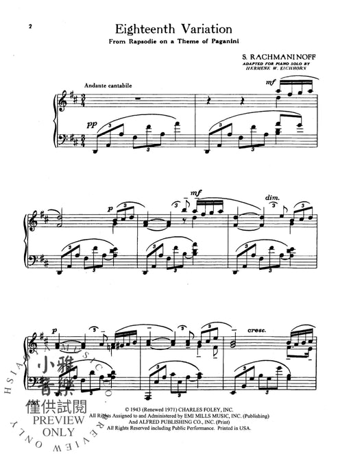Eighteenth Variation (from Rhapsodie on a Theme of Paganini) 拉赫瑪尼諾夫 詠唱調 狂想曲 主題 | 小雅音樂 Hsiaoya Music