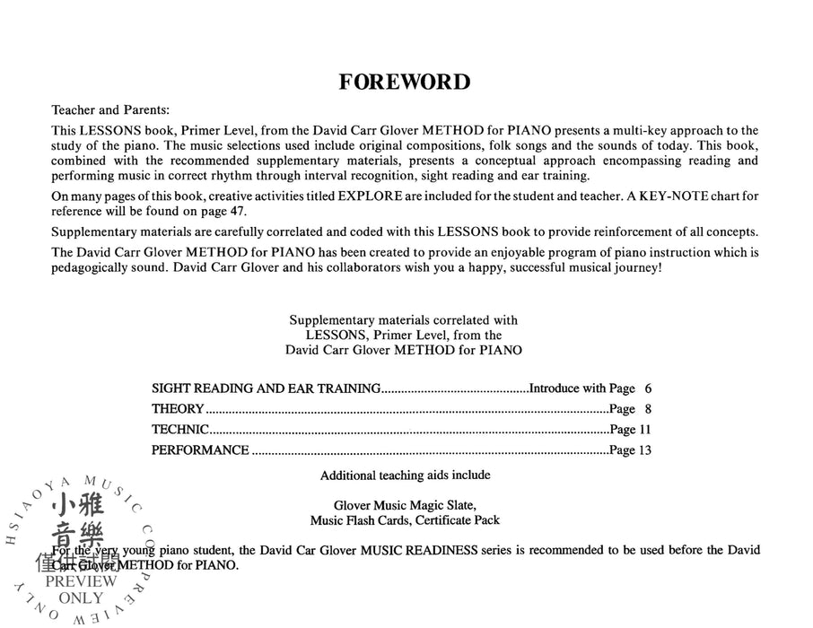 David Carr Glover Method for Piano: Lessons, Primer 鋼琴 | 小雅音樂 Hsiaoya Music