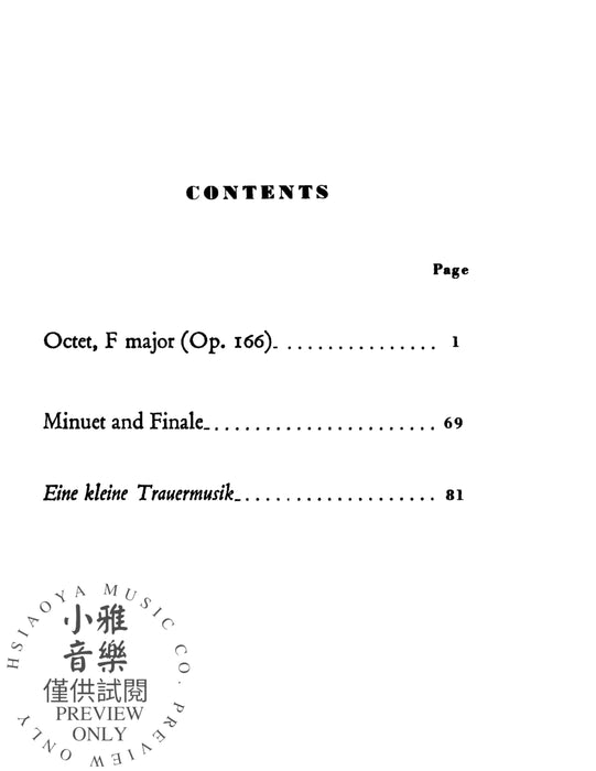 Minuet and Finale for Winds; Eine Kleine Trauermusik for Winds; Octet, Opus 166 for Winds and Strings 舒伯特 小步舞曲 終曲 葬禮音樂 八重奏 作品 弦樂 | 小雅音樂 Hsiaoya Music