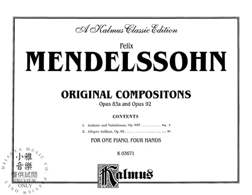Original Compositions, Opus 83a & Opus 98 孟德爾頌,菲利克斯 作品 | 小雅音樂 Hsiaoya Music