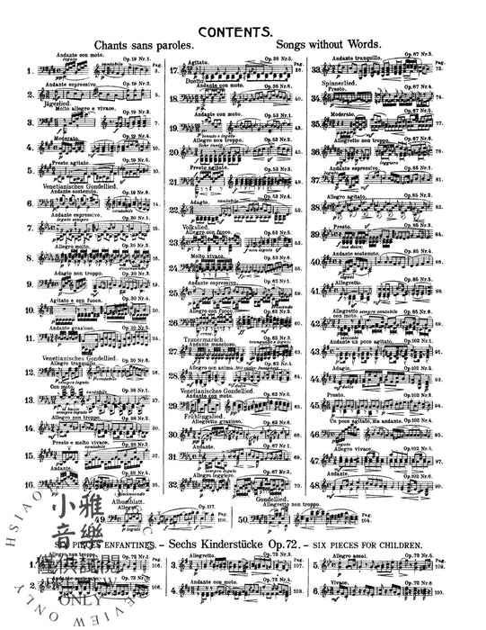 Songs Without Words (Complete) and Six Children's Pieces, Opus 72 孟德爾頌,菲利克斯 無言歌 小品 作品 | 小雅音樂 Hsiaoya Music