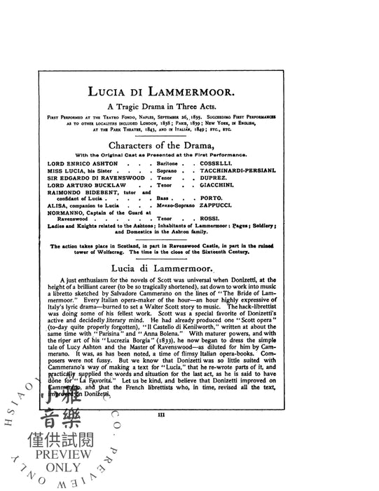 Lucia di Lammermoor (The Bride of Lammermoor), An Opera in Three Acts For Solo, Chorus/Choral and Orchestra with Italian and English Text (Vocal Score) 董尼才第 拉梅默的露琪亞 歌劇 獨奏 合唱 管弦樂團 聲樂總譜 | 小雅音樂 Hsiaoya Music
