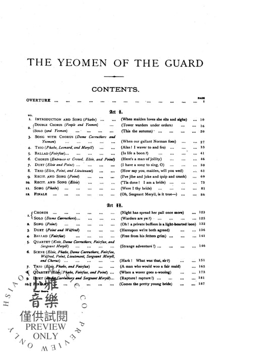 The Yeomen of the Guard, An Opera in Two Acts For Solo, Chorus and Orchestra with English Text (Vocal Score) 衛隊侍從 歌劇 獨奏 合唱 管弦樂團 聲樂總譜 | 小雅音樂 Hsiaoya Music
