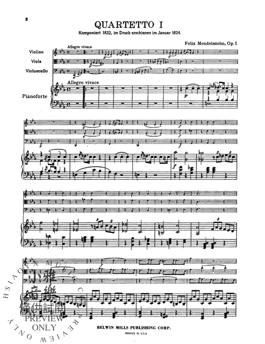 Piano Quartet No. 1 in C Minor, Opus 1 孟德爾頌,菲利克斯 鋼琴 四重奏 作品 | 小雅音樂 Hsiaoya Music