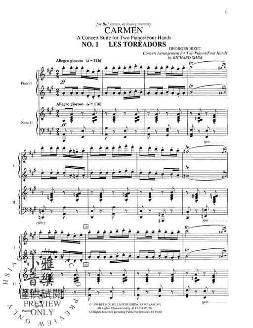 Carmen A Concert Suite for Two Pianos/Four Hands 比才 卡門 音樂會 組曲 鋼琴四手聯彈 | 小雅音樂 Hsiaoya Music