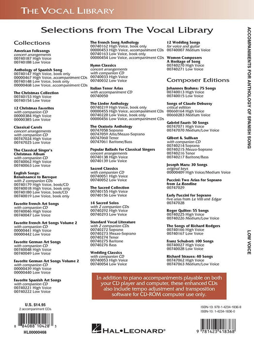 Anthology of Spanish Song Accompaniment CDs The Vocal Library Low Voice 伴奏 低音 | 小雅音樂 Hsiaoya Music