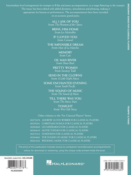 Broadway Songs for Classical Players - Trumpet and Piano With online audio of piano accompaniments 百老匯 古典 小號 鋼琴 伴奏 | 小雅音樂 Hsiaoya Music