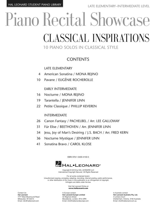 Piano Recital Showcase - Classical Inspirations Hal Leonard Student Piano Library Late Elementary-Intermediate Le 鋼琴 古典 鋼琴 | 小雅音樂 Hsiaoya Music