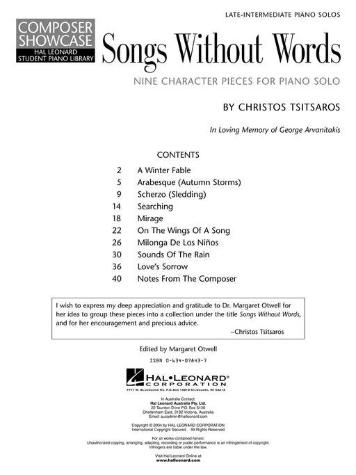 Songs Without Words - Nine Character Pieces for Piano Solo Hal Leonard Student Piano Library Intermediate Composer Showcase 無言歌 小品 鋼琴 獨奏 鋼琴 作曲家 | 小雅音樂 Hsiaoya Music