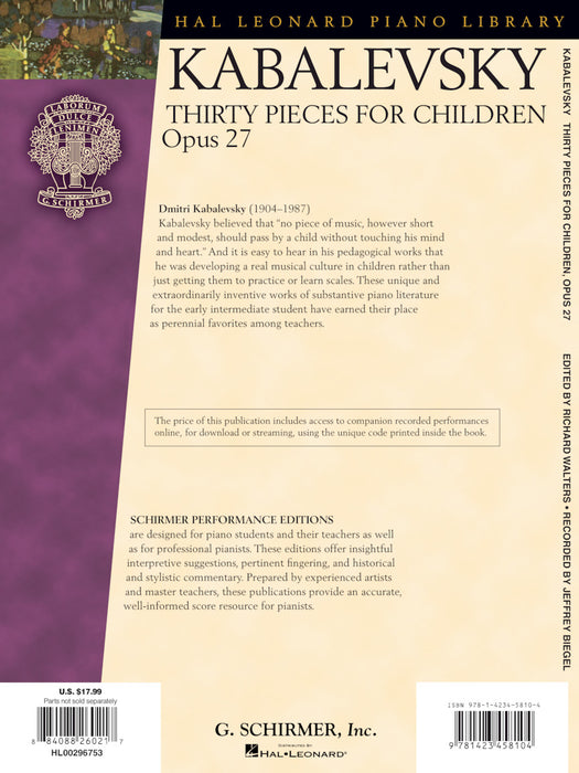 Dmitri Kabalevsky - Thirty Pieces for Children, Op. 27 With recordings of Performances Schirmer Performance Editions 小品 | 小雅音樂 Hsiaoya Music