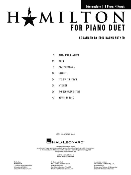 Hamilton for Piano Duet Intermediate-Level Arrangements for 1 Piano, 4 Hands 四手聯彈 鋼琴 | 小雅音樂 Hsiaoya Music