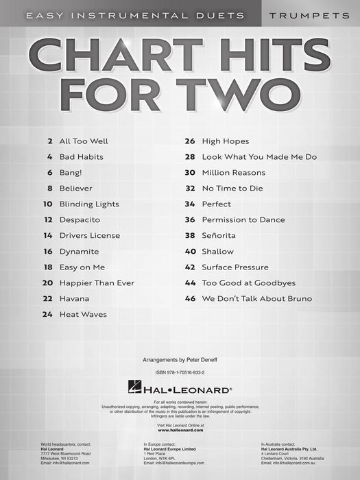 Chart Hits for Two Easy Instrumental Duets for Two - Trumpet Edition 小號 二重奏 | 小雅音樂 Hsiaoya Music