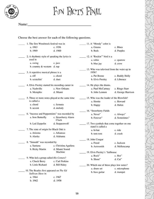 Top 40 Fun Facts: Rock and Roll (Classroom Resource) Ready-to-use Reproducible Activities | 小雅音樂 Hsiaoya Music