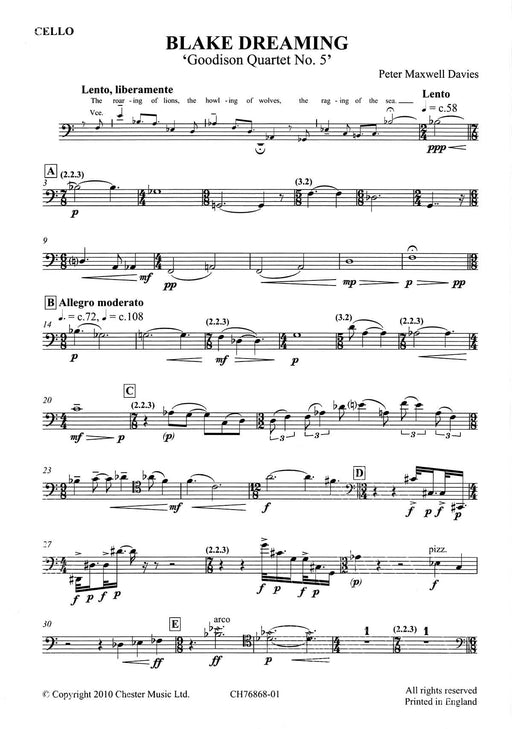 Blake Dreaming 'Goodison Quartet No. 5' Baritone Voice and String Quartet Set of Parts 四重奏 弦樂四重奏 | 小雅音樂 Hsiaoya Music
