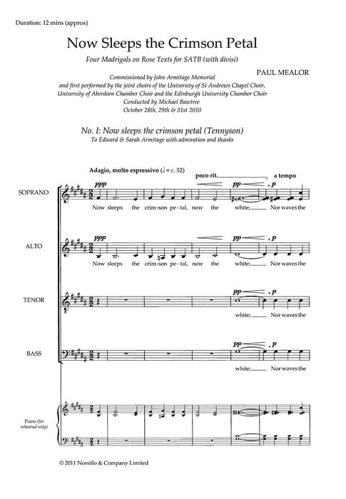 Now Sleeps the Crimson Petal Four Madrigals for SATB divisi chorus unaccompanied 無伴奏 牧歌 | 小雅音樂 Hsiaoya Music