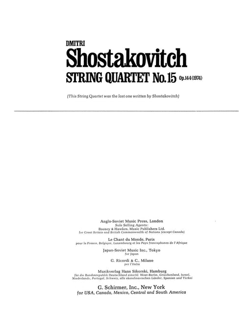 String Quartet No. 15, Op. 144 (1974) Score and Parts 蕭斯塔科維契‧德米特里 弦樂四重奏 | 小雅音樂 Hsiaoya Music