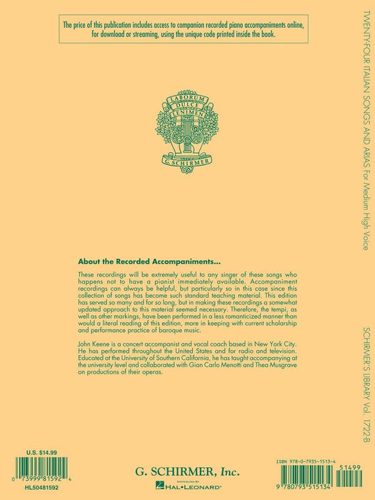 24 Italian Songs & Arias of the 17th & 18th Centuries Medium High Voice - Book with Online Audio 詠唱調 高音 | 小雅音樂 Hsiaoya Music