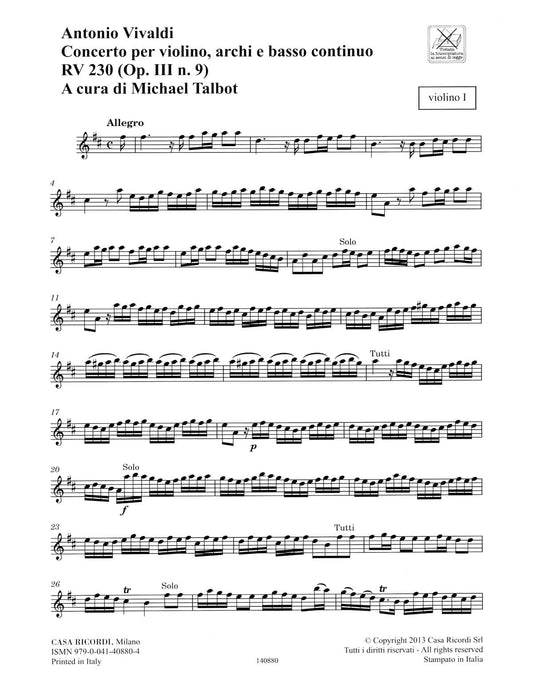 Concerto D Major, RV 230, Op. III, No. 9 Strings Continuo Rv230 (op. 3, No. 9) Parts 韋瓦第 協奏曲 弦樂器 | 小雅音樂 Hsiaoya Music