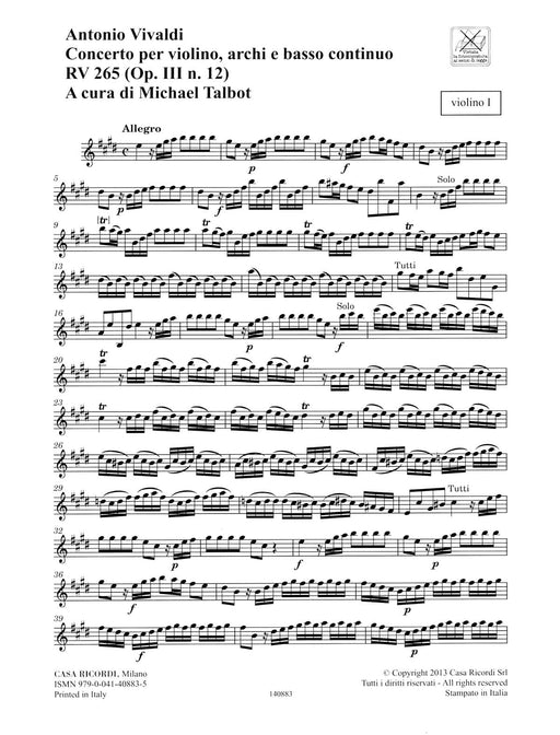 Concerto E Major, RV 265, Op. III, No. 12 Strings Continuo Rv265 (op. 3, No. 12) Parts 韋瓦第 協奏曲 弦樂器 | 小雅音樂 Hsiaoya Music