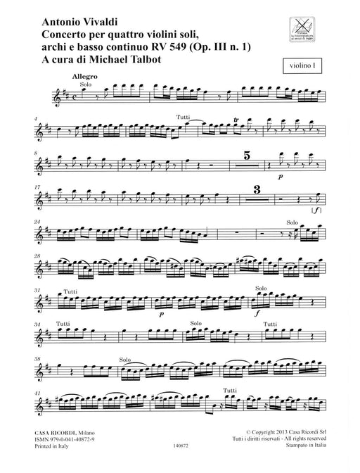 Concerto D Major 4 Violins Strings Continuo Rv549 (op. 3, No. 1) Parts Strings Continuo Rv549 (op. 3, No. 1) Parts 韋瓦第 協奏曲 弦樂器 小提琴 | 小雅音樂 Hsiaoya Music