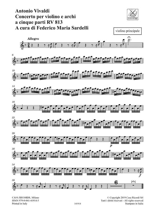 Concerto RV 813 for Violin and Strings in Five Parts Critical Edition Practical Series Parts 韋瓦第 協奏曲 小提琴 弦樂器 | 小雅音樂 Hsiaoya Music