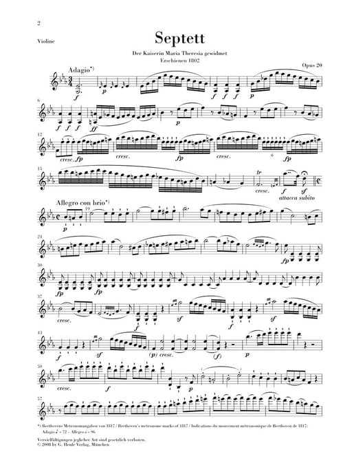 Septet in E-flat Major, Op. 20 Clarinet, Bassoon, Horn, Violin, Viola, Cello, and Double Bass Set of Parts 貝多芬 七重奏 小提琴大提琴 亨乐版 | 小雅音樂 Hsiaoya Music