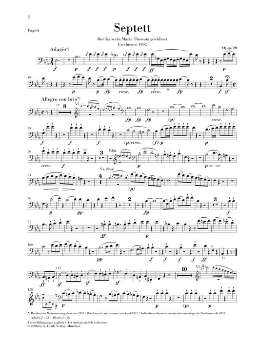 Septet in E-flat Major, Op. 20 Clarinet, Bassoon, Horn, Violin, Viola, Cello, and Double Bass Set of Parts 貝多芬 七重奏 小提琴大提琴 亨乐版 | 小雅音樂 Hsiaoya Music