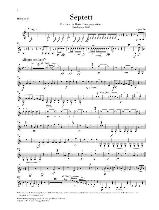 Septet in E-flat Major, Op. 20 Clarinet, Bassoon, Horn, Violin, Viola, Cello, and Double Bass Set of Parts 貝多芬 七重奏 小提琴大提琴 亨乐版 | 小雅音樂 Hsiaoya Music