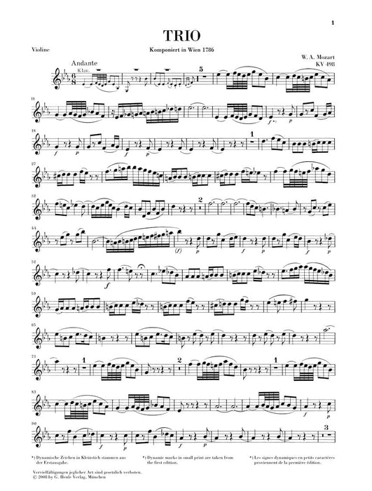 Trio in E-flat Major K. 498 (Kegelstatt) Revised Edition Piano, Clarinet (Violin) and Viola Score and Parts 莫札特 三重奏 鋼琴小提琴 中提琴 鋼琴三重奏 亨乐版 | 小雅音樂 Hsiaoya Music