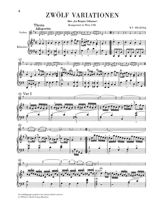 Variations for Piano and Violin 莫札特 變奏曲 變奏曲 小提琴(含鋼琴伴奏) 亨乐版 | 小雅音樂 Hsiaoya Music