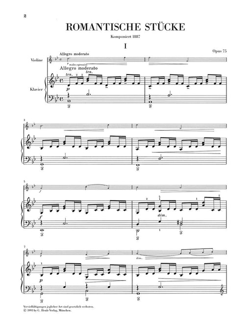 Romantic Pieces for Violin and Piano Op. 75 德弗札克 小提琴 鋼琴 小品 小提琴(含鋼琴伴奏) 亨乐版 | 小雅音樂 Hsiaoya Music