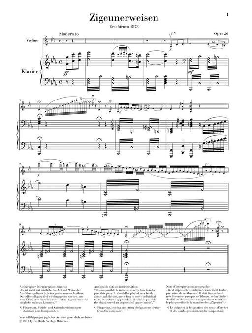 Gypsy Airs, Op. 20 (Zigeunerweisen Opus 20) Violin and Piano 流浪者之歌 小提琴 鋼琴 亨乐版 | 小雅音樂 Hsiaoya Music