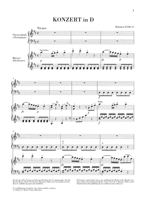 Concerto for Piano (Harpsichord) and Orchestra D Major Hob.XVIII:11 2 Pianos, 4 Hands 海頓 協奏曲 大鍵琴 管弦樂團 雙鋼琴 亨乐版 | 小雅音樂 Hsiaoya Music