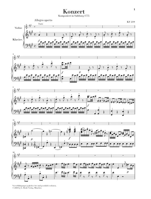 Violin Concerto No. 5 in A Major K219 Violin and Piano Reduction 莫札特 協奏曲 小提琴(含鋼琴伴奏) 亨乐版 | 小雅音樂 Hsiaoya Music