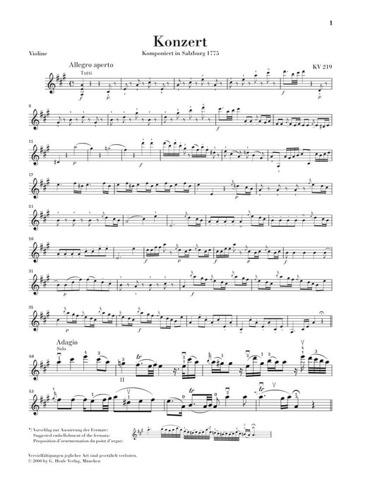 Violin Concerto No. 5 in A Major K219 Violin and Piano Reduction 莫札特 協奏曲 小提琴(含鋼琴伴奏) 亨乐版 | 小雅音樂 Hsiaoya Music
