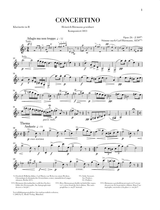 Concertino, Op. 26 for Clarinet & Piano Reduction with Urtext and Bärmann parts 韋伯卡爾 小協奏曲 豎笛(含鋼琴伴奏) 亨乐版 | 小雅音樂 Hsiaoya Music
