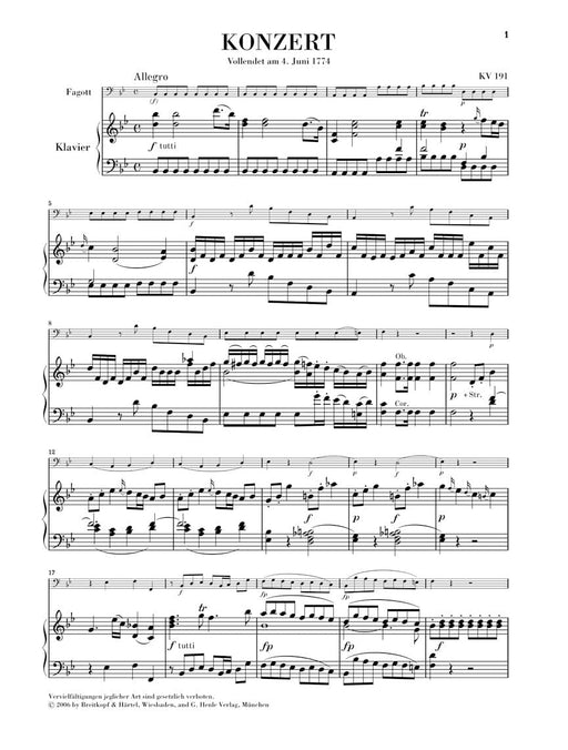 Bassoon Concerto in B-flat Major, K. 191 for Bassoon & Piano Reduction 莫札特 協奏曲 低音管(含鋼琴伴奏) 亨乐版 | 小雅音樂 Hsiaoya Music