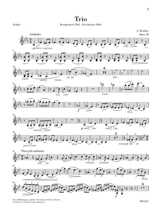 Horn Trio in E-flat Major, Op. 40 Piano, Violin, and Horn (with viola or cello instead of horn) 布拉姆斯 法國號三重奏 小提琴 中提琴 大提琴 混和室內樂 亨乐版 | 小雅音樂 Hsiaoya Music
