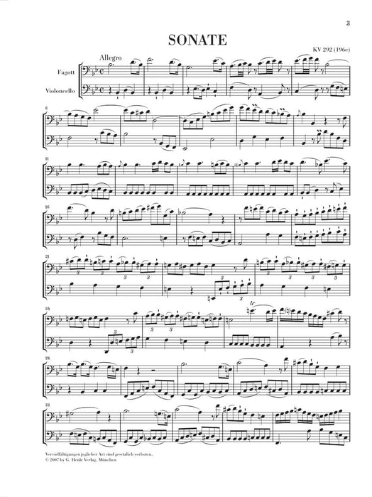 Sonata in B-flat Major, K. 292 (196c) for Bassoon & Violoncello (Basso continuo) 莫札特 奏鳴曲 大提琴 混和二重奏 亨乐版 | 小雅音樂 Hsiaoya Music