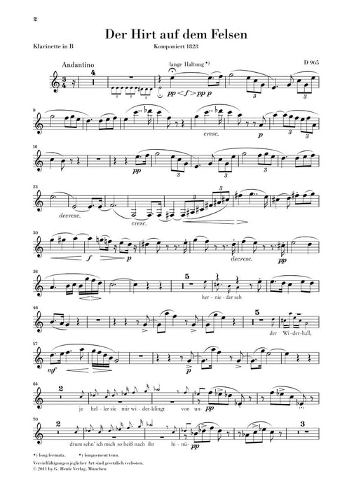 The Shepherd on the Rock, D. 965 Original Key for High Voice Voice, Clarinet, and Piano 舒伯特 岩石上的牧羊人 高音 鋼琴 聲樂與器樂 亨乐版 | 小雅音樂 Hsiaoya Music